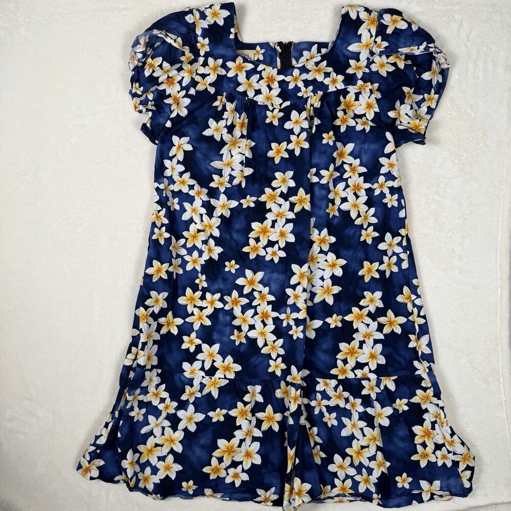 Royal Hawaiian Creations Blue Floral Dress Plumeria Puff Sleeve USA Made 3XL